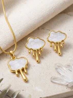 18K Gold Plated SS Surrealist Drip Art Melting Cloud Enamel Necklace Earring Set